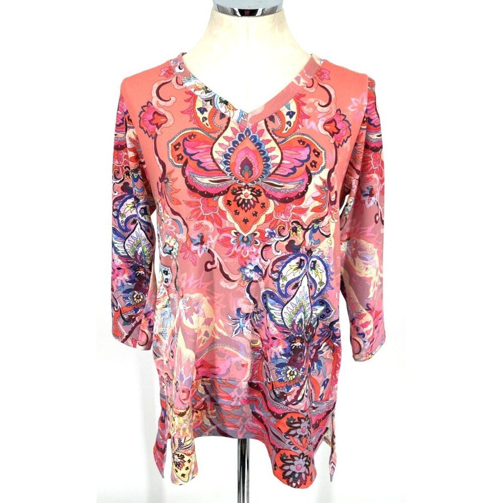 Soft Surroundings Women's Tunic Top Sz S Pink Orange Paisley V Neck